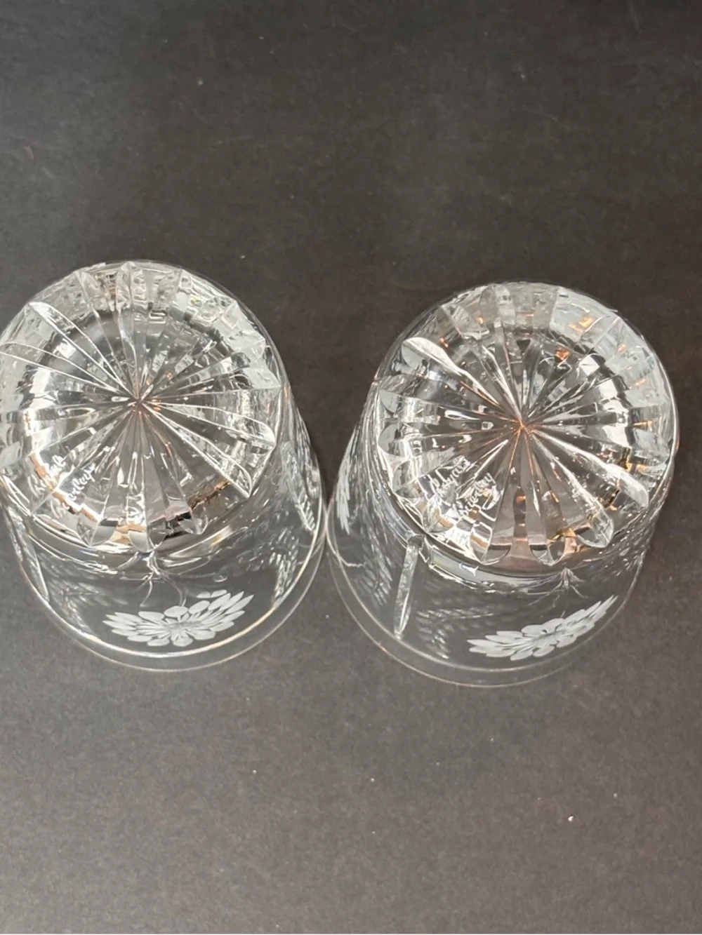 Pair Royal Brierley Etched Crystal Tumblers - Kensington Palace Flower Sunflower